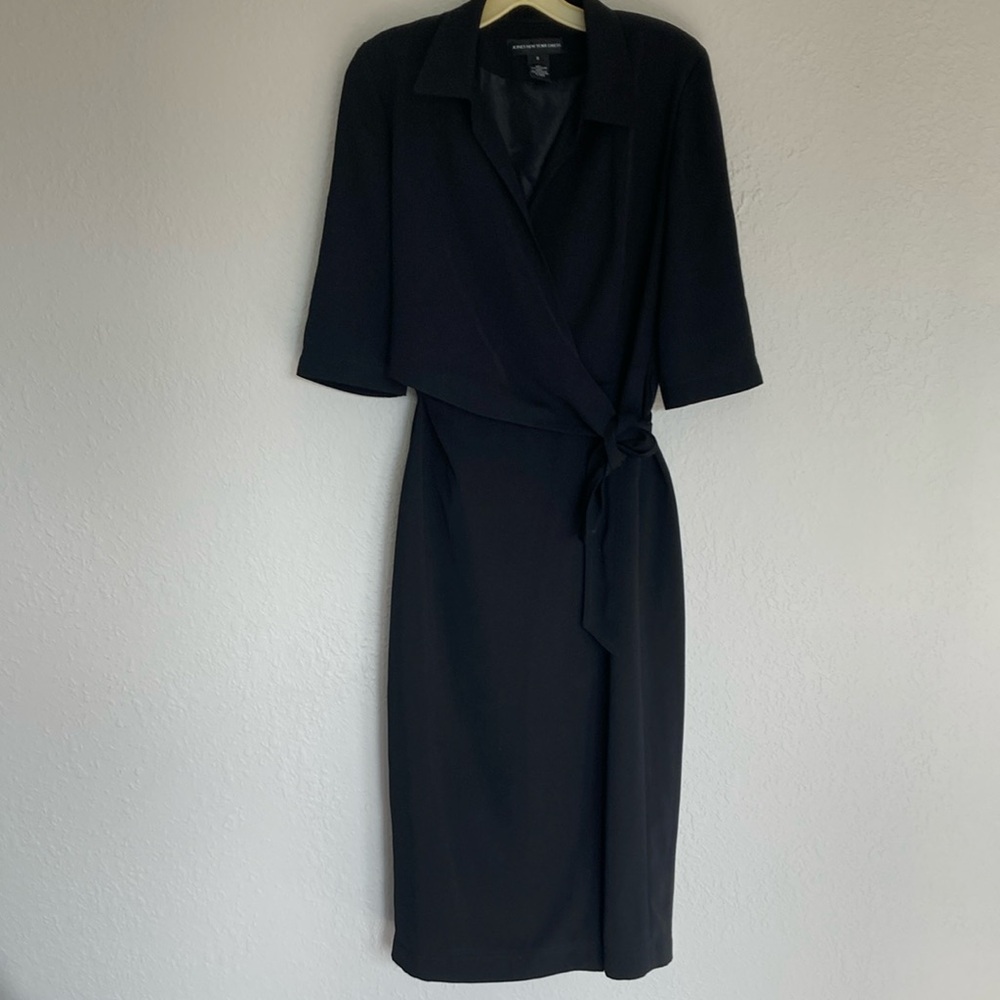 Jones New York Black Midi Dress Top Wrap Waist Tie Pencil Skirt Front Split